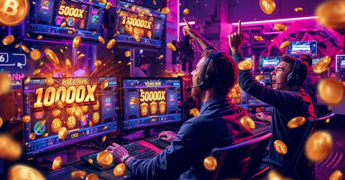 Two excited streamers celebrating in a neon-lit gaming setup as slot machines on multiple screens display massive multipliers like 10,000x and 5,000x, with gold coins flying around, representing high-volatility crypto casino gameplay and streaming culture.